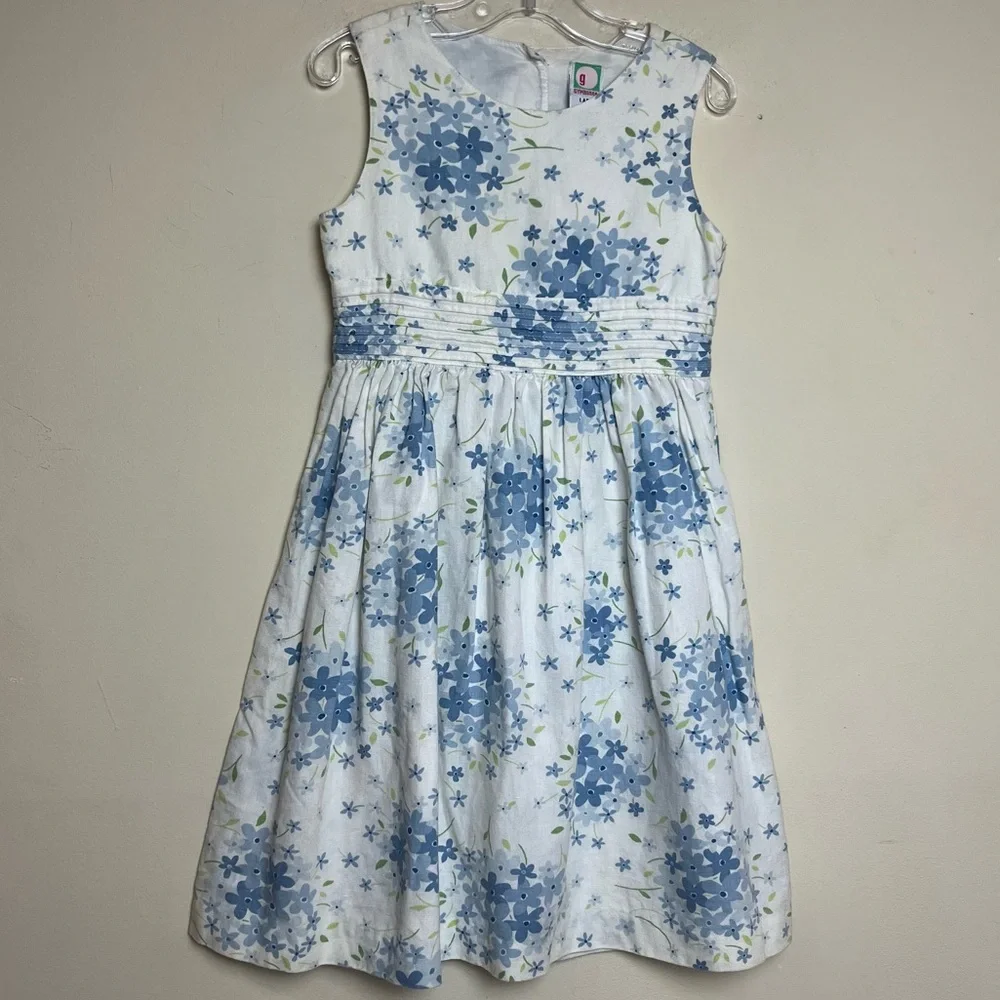 Vintage Gymboree Y2K 2001 Cotton Linen Blue White Floral Dress Large 5 Years